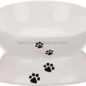 comedero ceramica gato perro blanco huella